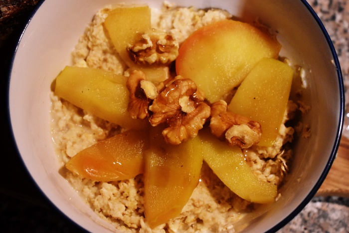 poached apple porridge breakfast caramel wood avens geum urbanum walnuts sugar