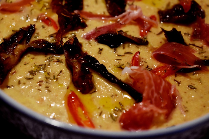 cauliflower creamy creamy soup velvet shank flammulina velutipes mushroom wild oil pancetta thyme foraging forage wild food