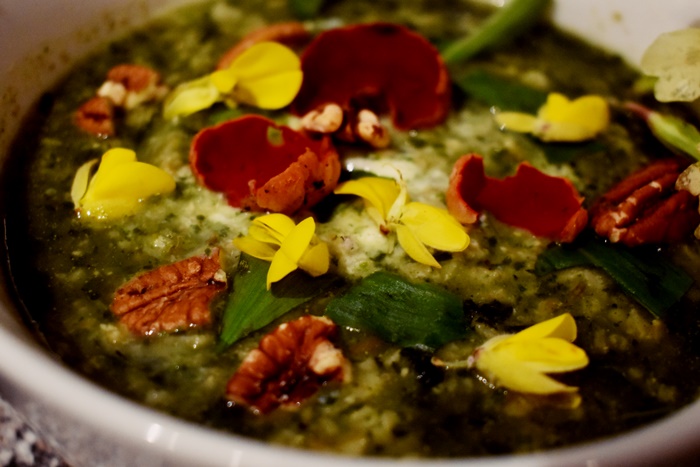 foraging forager primrose soup oats yoghurt wild garlic walnuts nettle ground elder garlic mustard scarlet elf cup gorse dandelion nettle